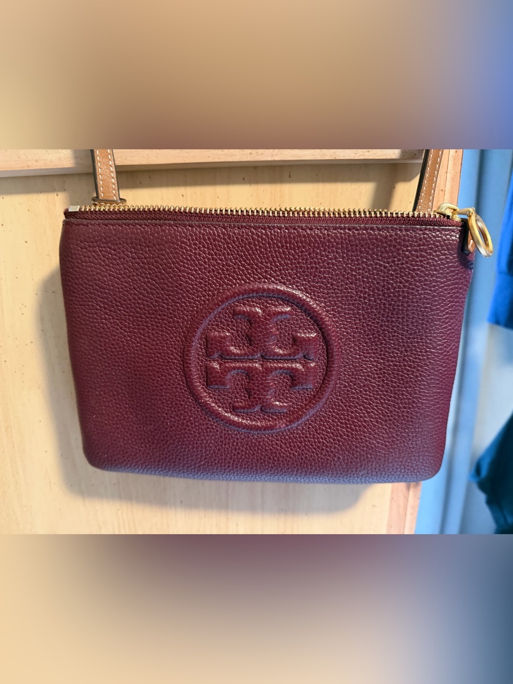 Tory Burch Perry Bombe Leather Crossbody Pochette in Burgundy with Tan Strap